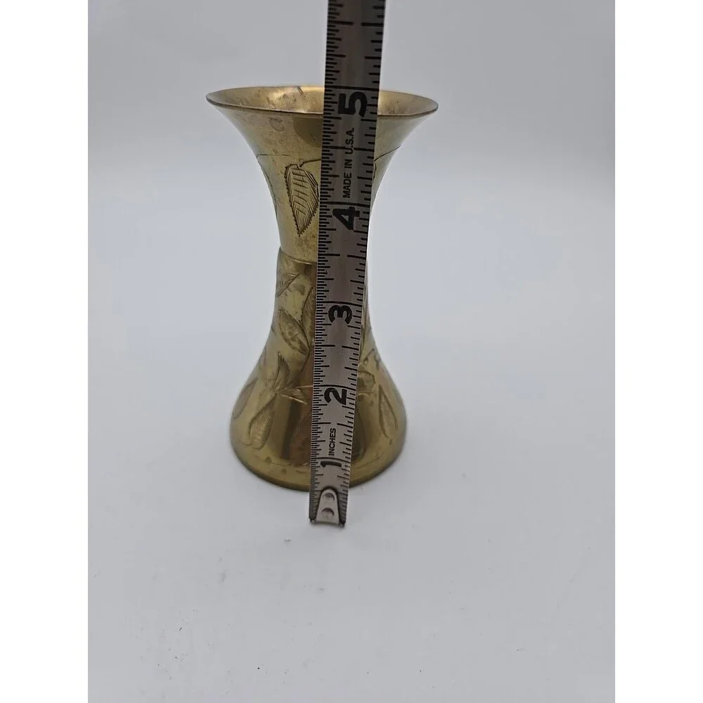 Vintage Sarna Brass Vase India 4.75" Flower Leaves Hand Etched 415T BOHO - Picture 7 of 9